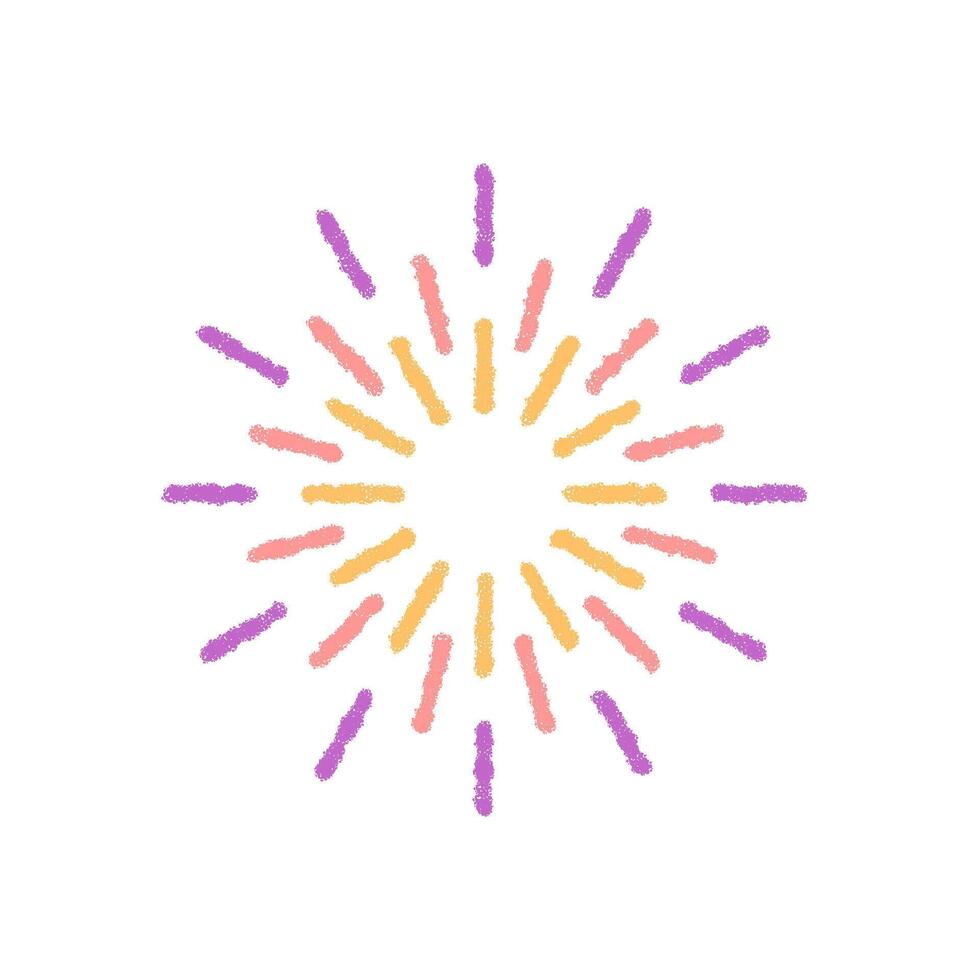 Crayon firework festive starburst forms a magic circle in vibrant pastel colors. Firecracker explosion and spark element with graphic symbol style for party theme or holiday background. vector