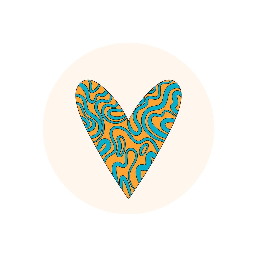 Groovy heart sticker in bold retro and colorful style with blue and orange tone inside round circle. Y2k shape as graphic label seal for lid or package, modern pop accent for packaging. vector