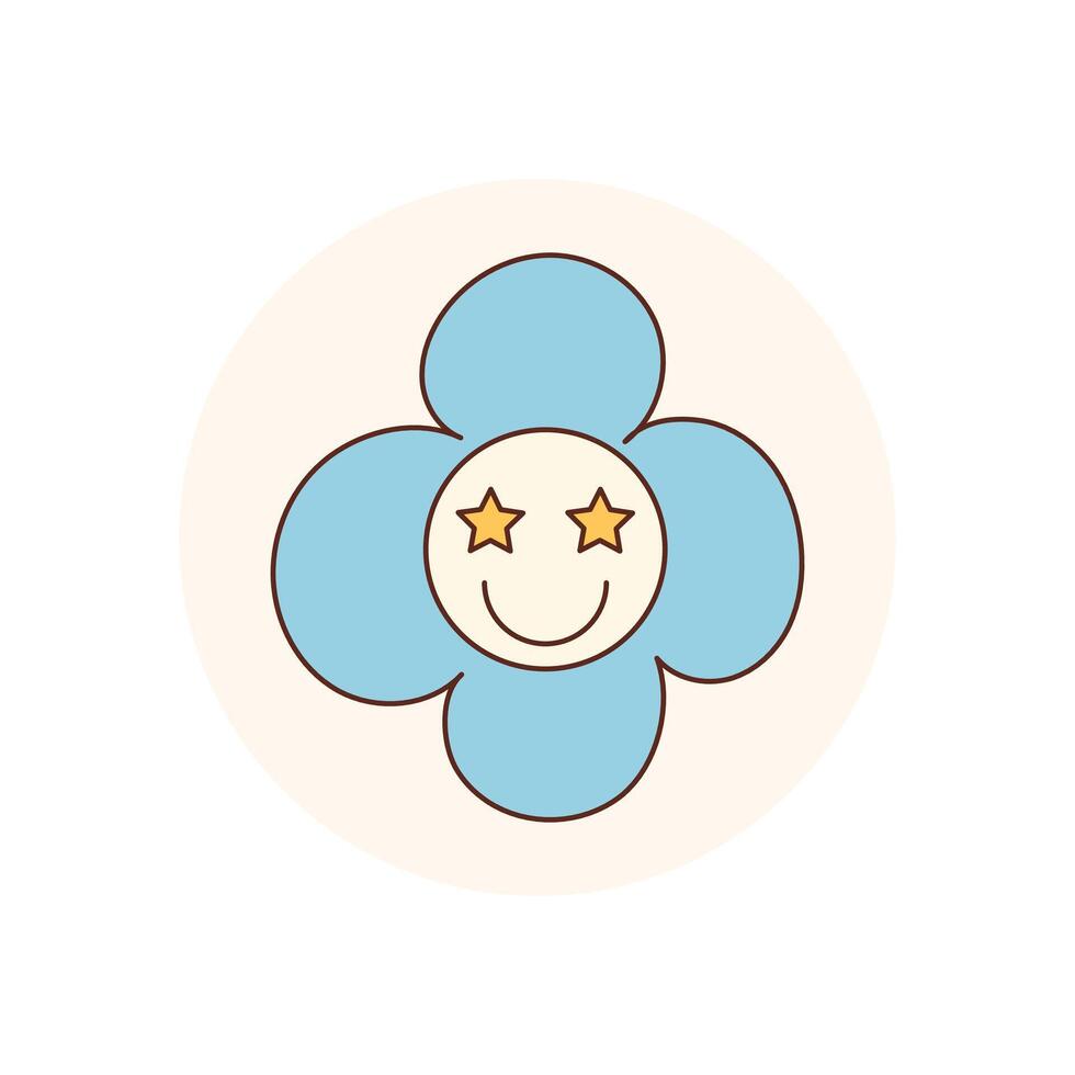 Groovy retro flower sticker with blue and yellow color in a flat circle. Smiley flower symbol creates a fun seal for package lid use. Modern y2k accent for cheerful, playful branding. vector