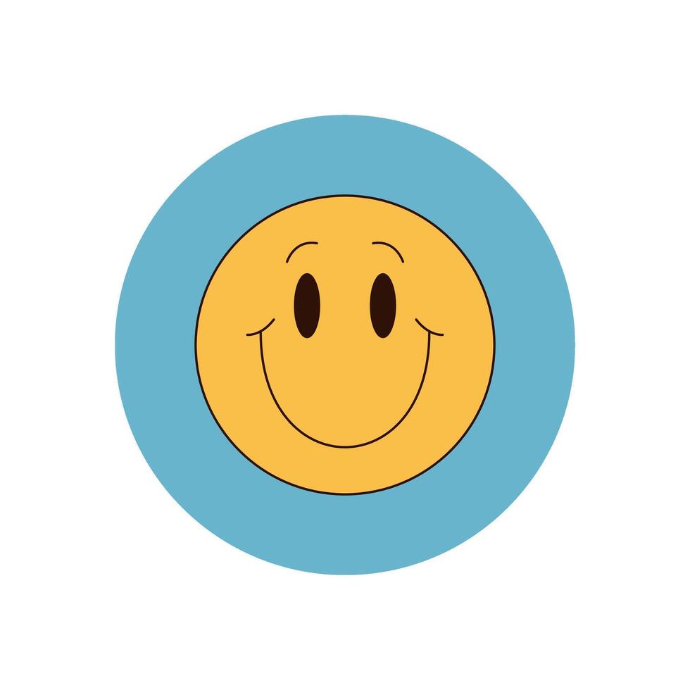 Groovy yellow smiley sticker forms a retro label badge with a round emblem style. Happy patch as playful y2k circle and lid, groovy element for fun product accent and creative seal. vector