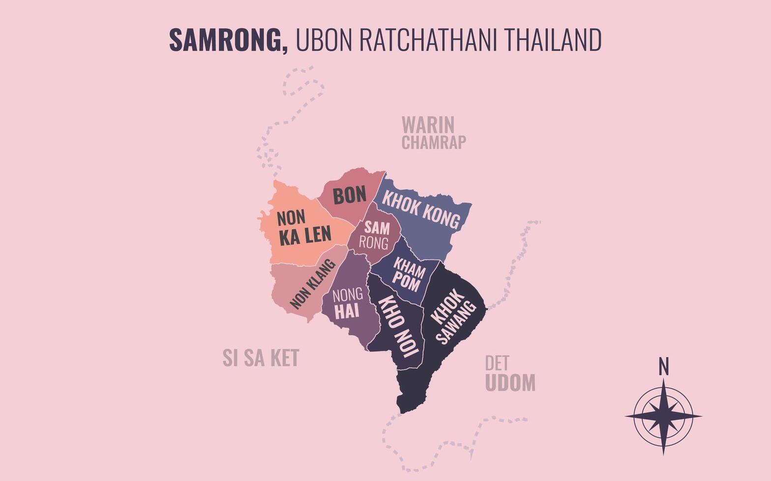 Map showing Samrong District Ubon Ratchathani Thailand divided into sub-districts with minimalist colorful patterns vector
