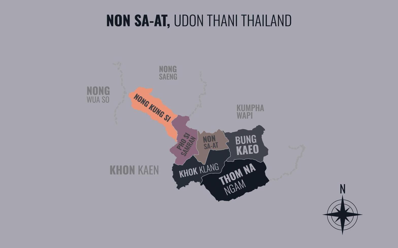 Map showing Non Sa at District Udon Thani Thailand divided into sub-districts with minimalist colorful patterns vector