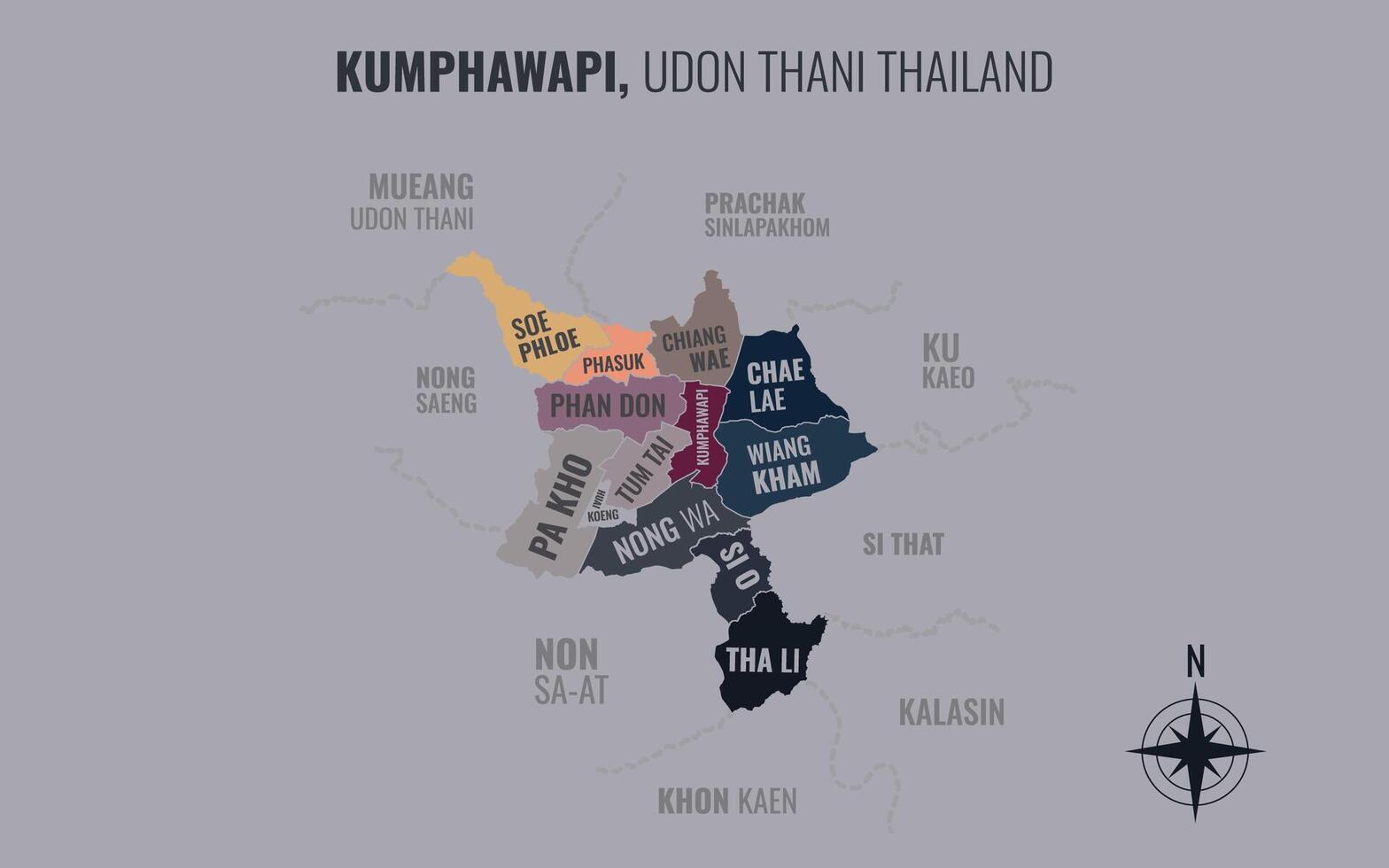 Map showing Kumphawapi District Udon Thani Thailand divided into sub-districts with minimalist colorful patterns vector