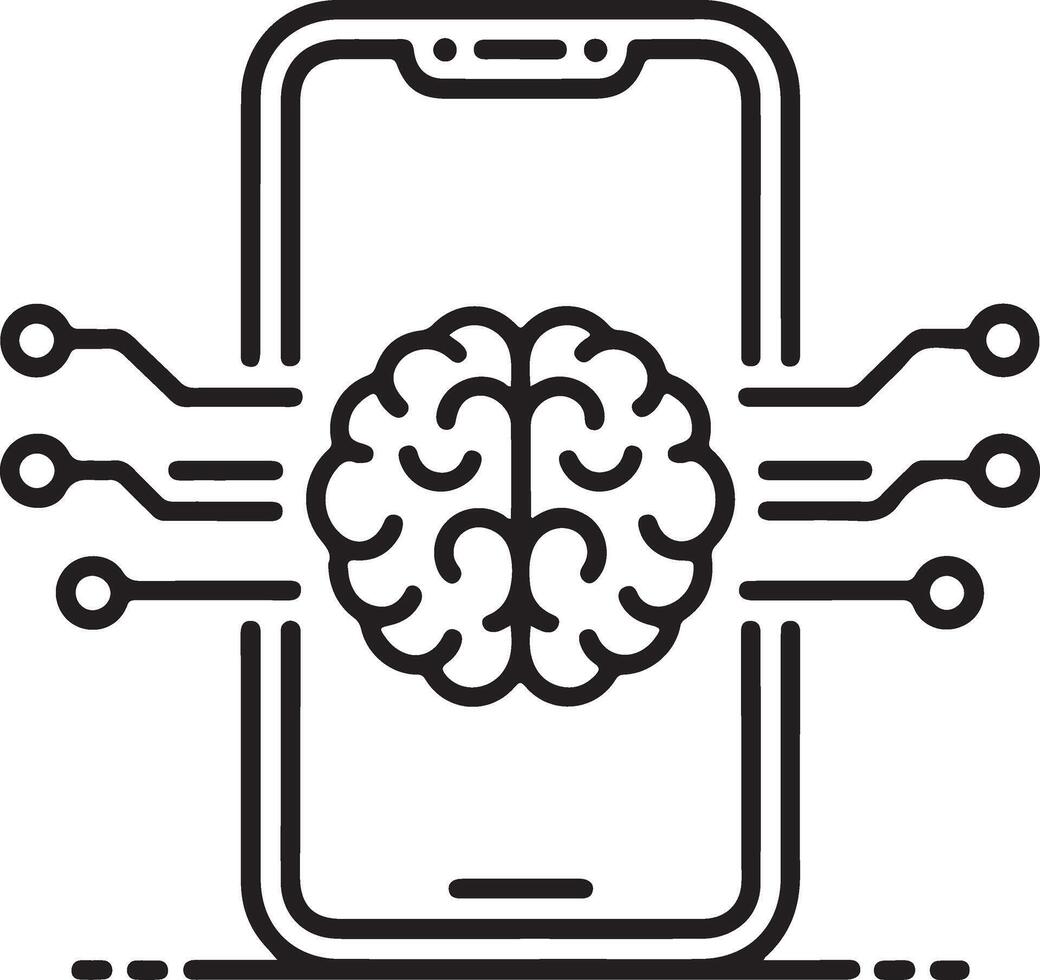 Conceptual line art showing a digital brain within a mobile phone, symbolizing smart technology, machine learning, and artificial intelligence advancements in portable devices vector