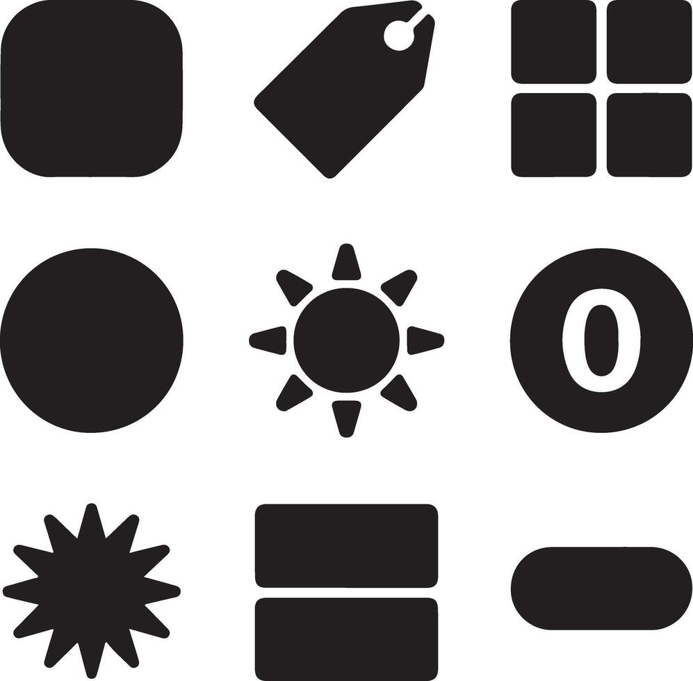 Collection of black interface icons representing various common shapes and symbols for digital design and web applications vector