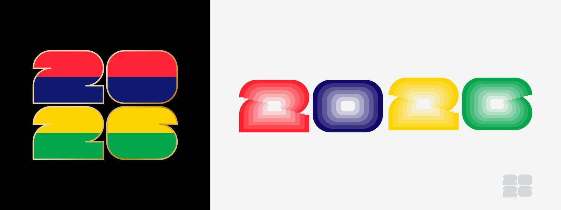 Year 2026 with flag of Mauritius and in color palate of Mauritius flag. Happy New Year 2026 in two different style. vector