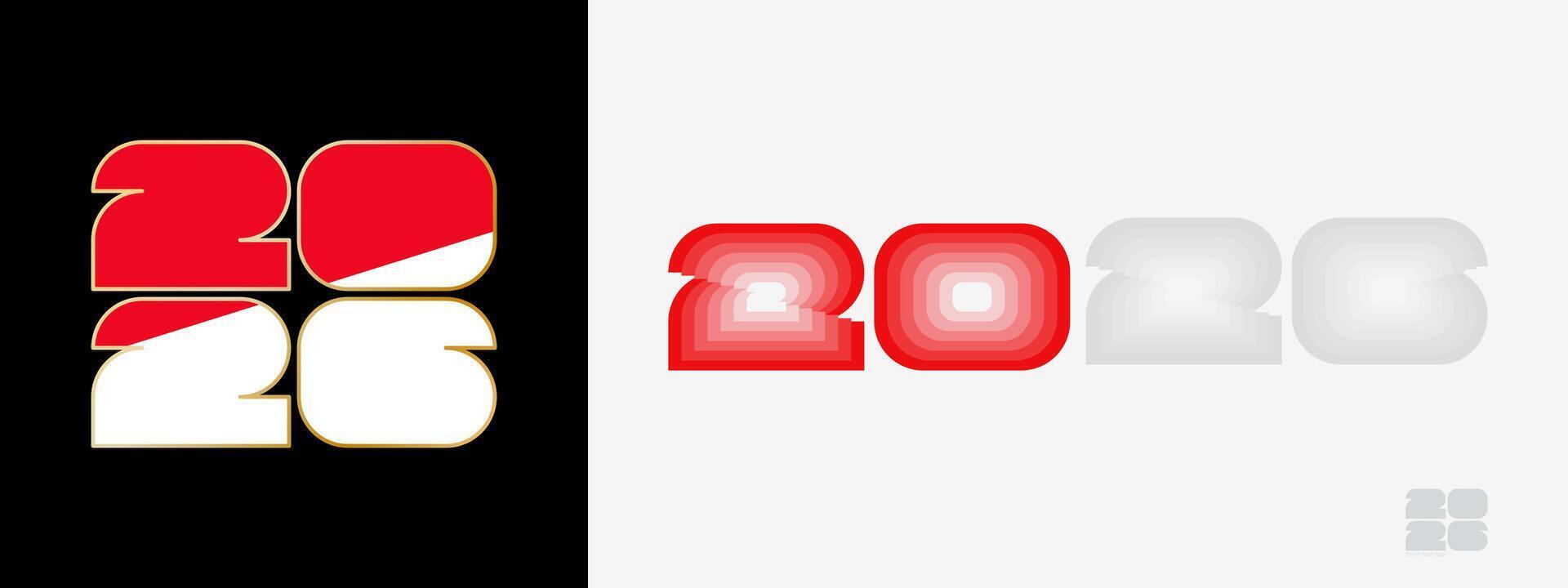 Year 2026 with flag of Indonesia and in color palate of Indonesia flag. Happy New Year 2026 in two different style. vector