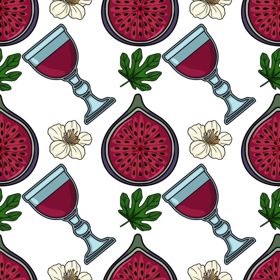 Seamless pattern of ripe fig slices, delicate white flowers, and glasses of dark red wine, accented with green fig leaves, creating a refreshing and elegant composition. vector