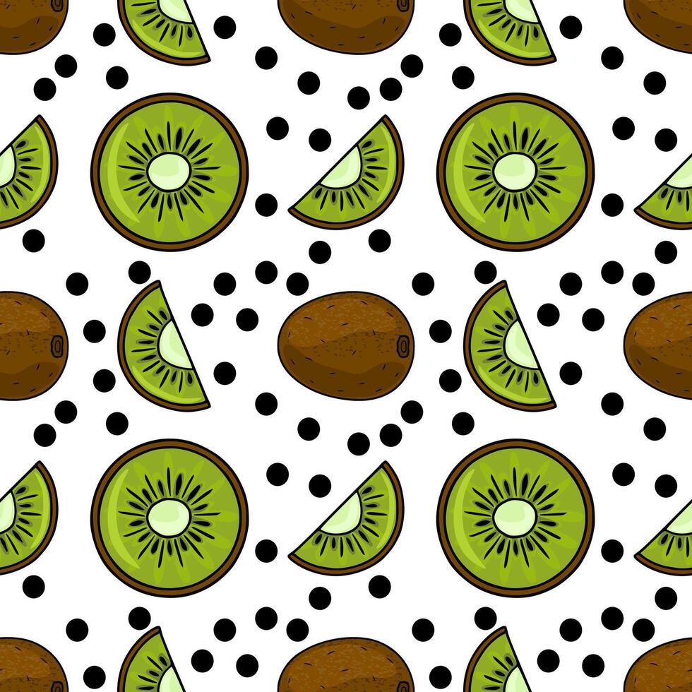 Seamless pattern featuring whole and sliced kiwi fruits with scattered black polka dots against a white background, showcasing a fresh, vibrant, and playful design. vector