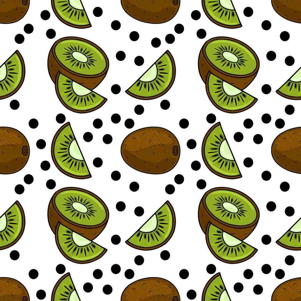 Seamless pattern featuring whole and sliced kiwis with scattered black dots on a white background. vector