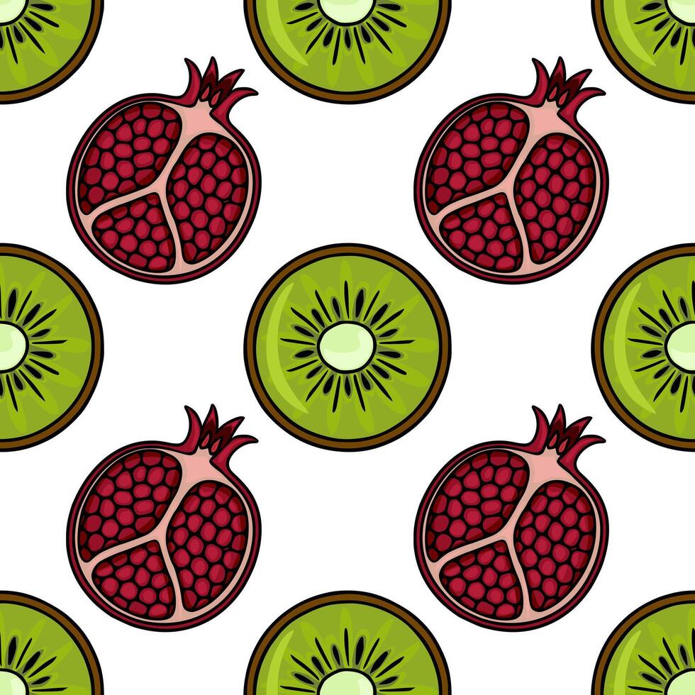 A delightful pattern featuring halved pomegranates and sliced kiwis, creating a vibrant and fresh fruit background. vector