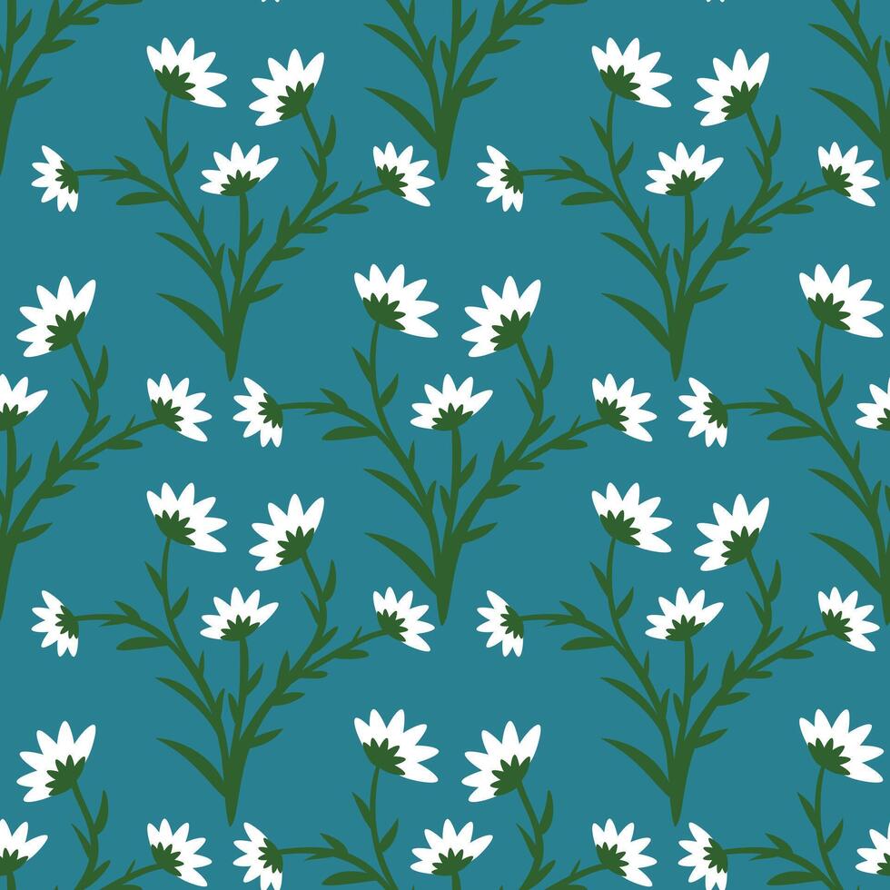 A minimalist pattern featuring white daisy-like flowers with green stems and leaves against a teal background, creating a simple yet elegant floral design. vector