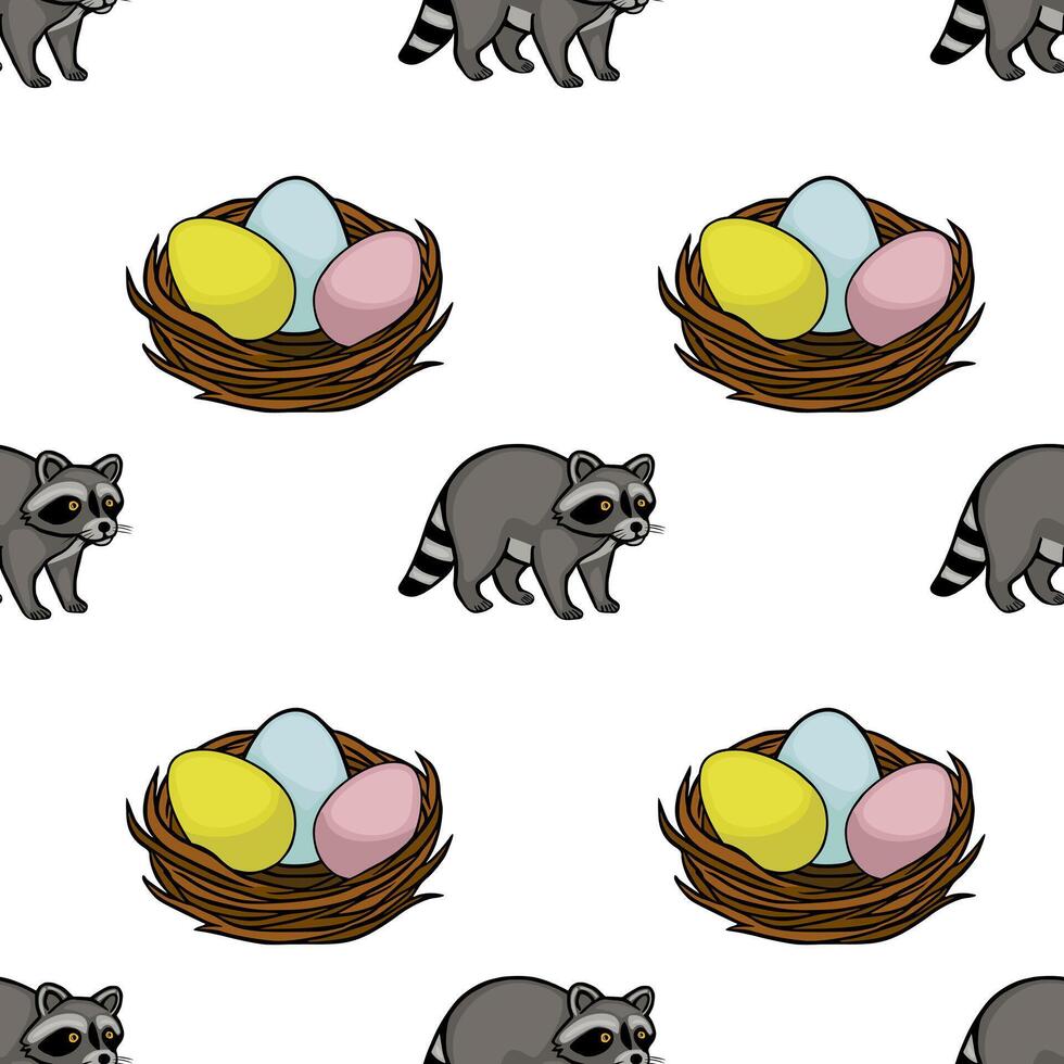 Adorable pattern featuring charming raccoons interacting with colorful Easter eggs nestled in woven nests, set against a clean white background. vector
