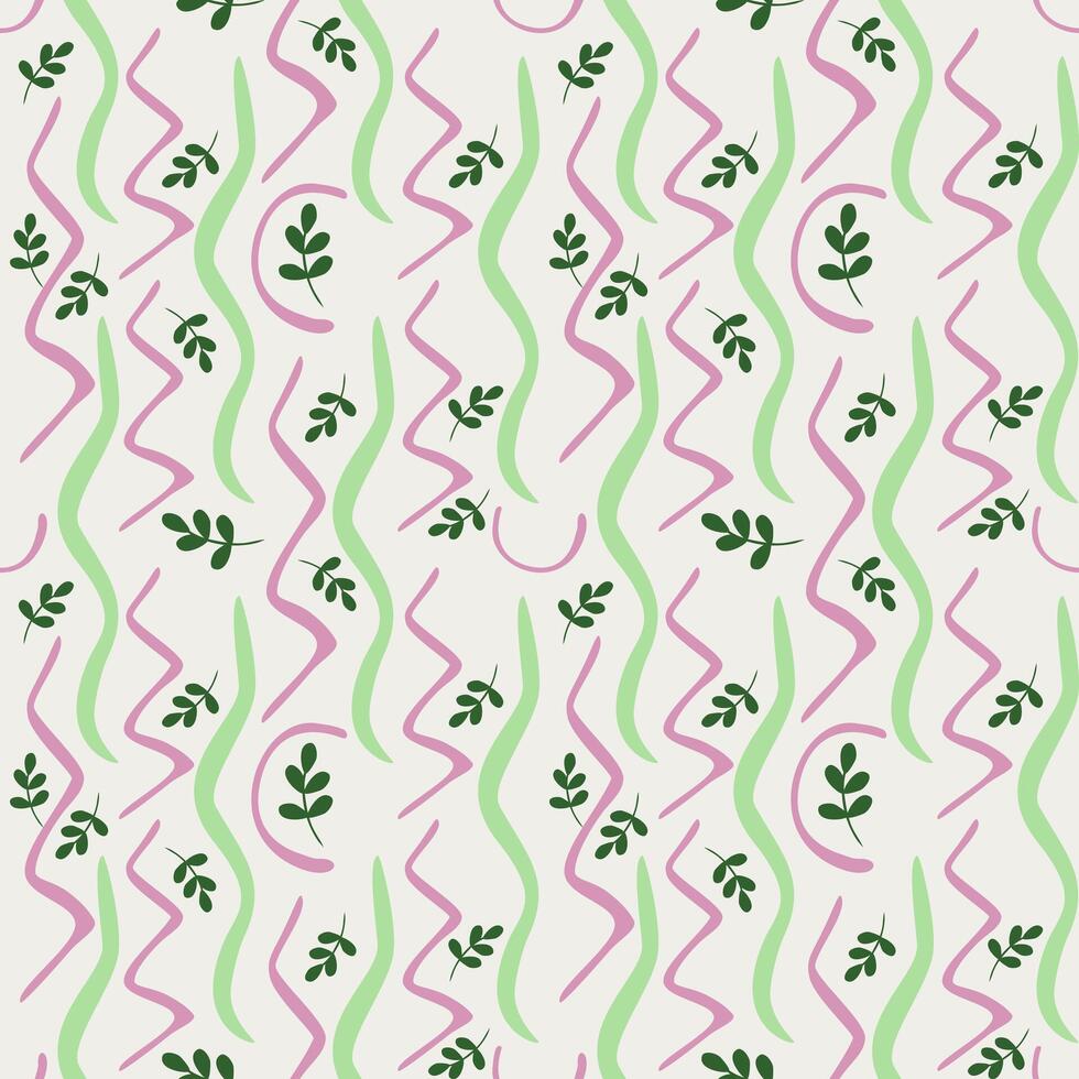 Seamless pattern of delicate green leaves interspersed with flowing pastel pink and light green abstract wavy lines on a Cloud Dancer background. vector