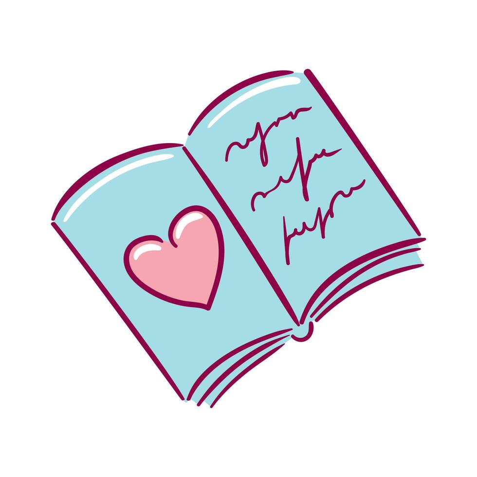 An open book, a sketched heart, hand-drawn lines, light pencil texture, minimal ink strokes, soft neutral palette, vector-ready, whimsical romantic sketch style vector