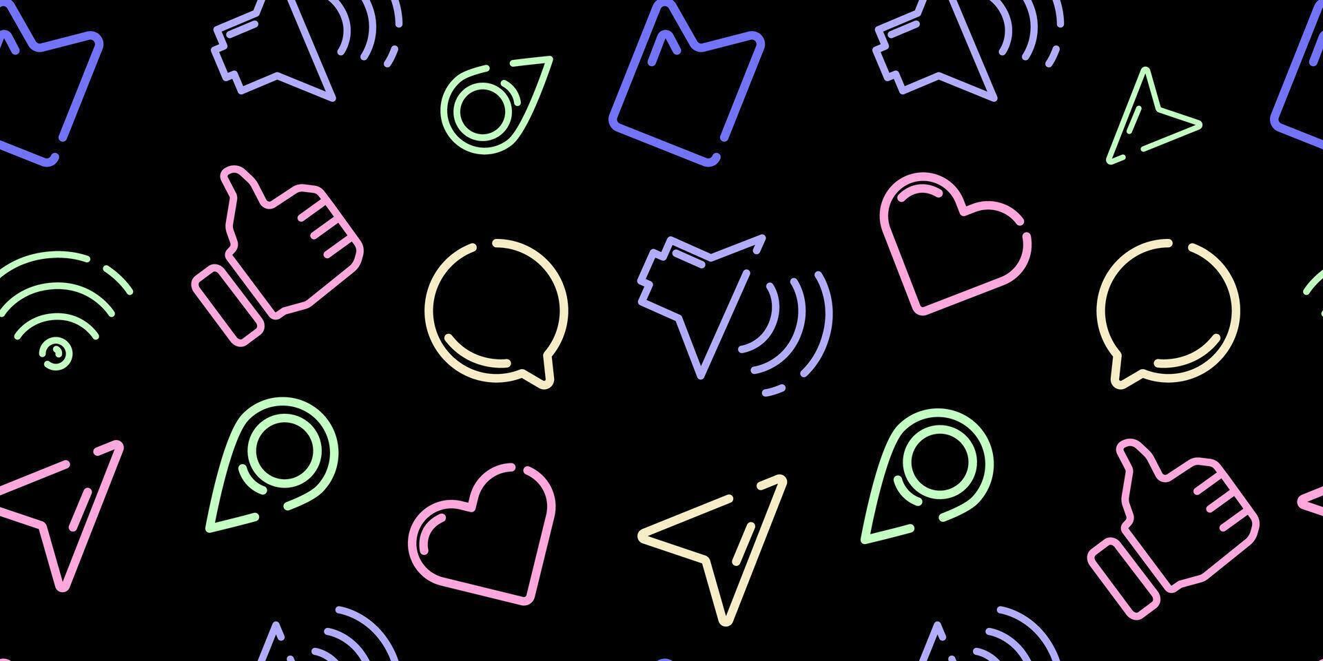 Seamless pattern of line icons for social media and mobile interface with various symbols, for wallpapers, web backgrounds, UI design, app themes, and digital marketing. illustration vector