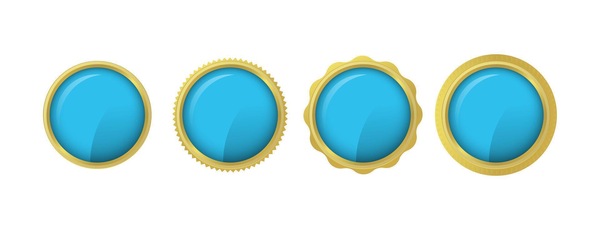 Featuring four glossy blue round labels adorned with elegant golden borders, isolated on a white background, offering customizable space for text or logos. Perfect for branding and marketing needs vector