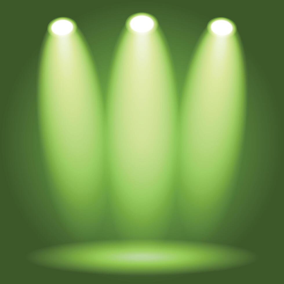 Vibrant green spotlight beams illuminate an empty studio background, ideal for product display or abstract concepts. vector