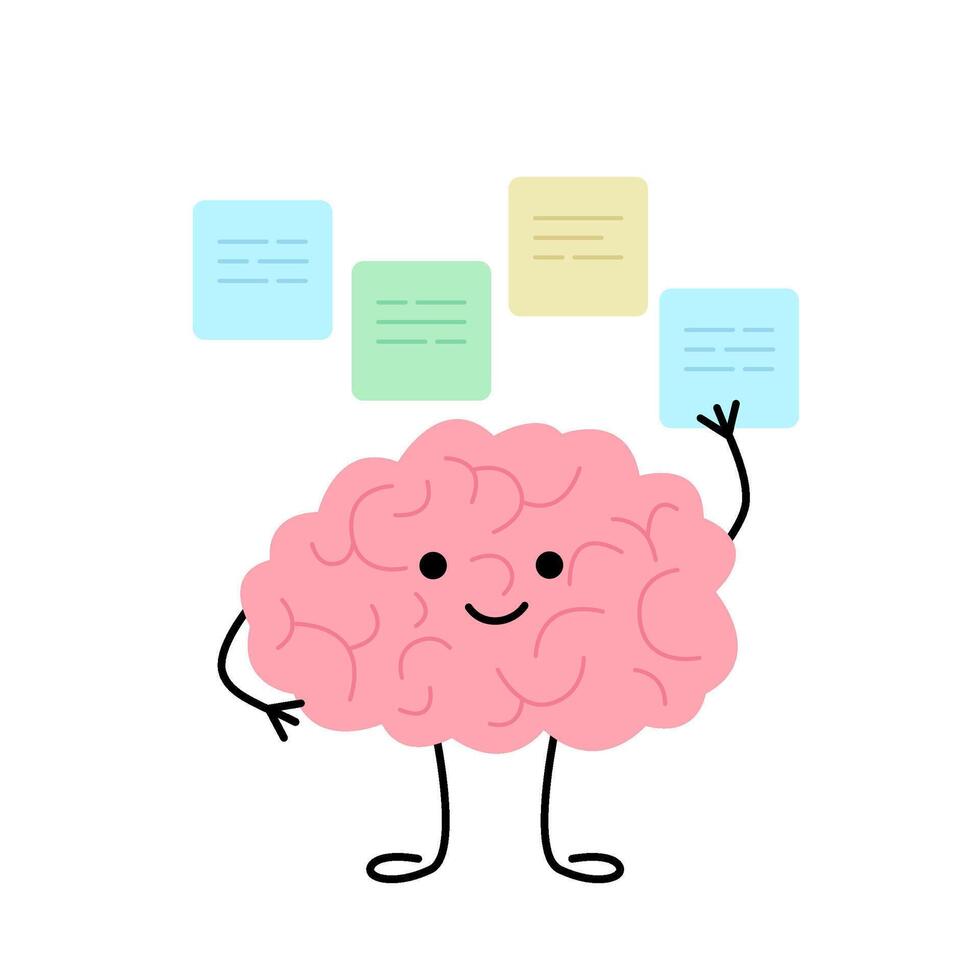 Brain think, brainstorm and multitasking, cute child character. Confused brain doubt over question, seek answer. Sticky with idea. illustration. vector