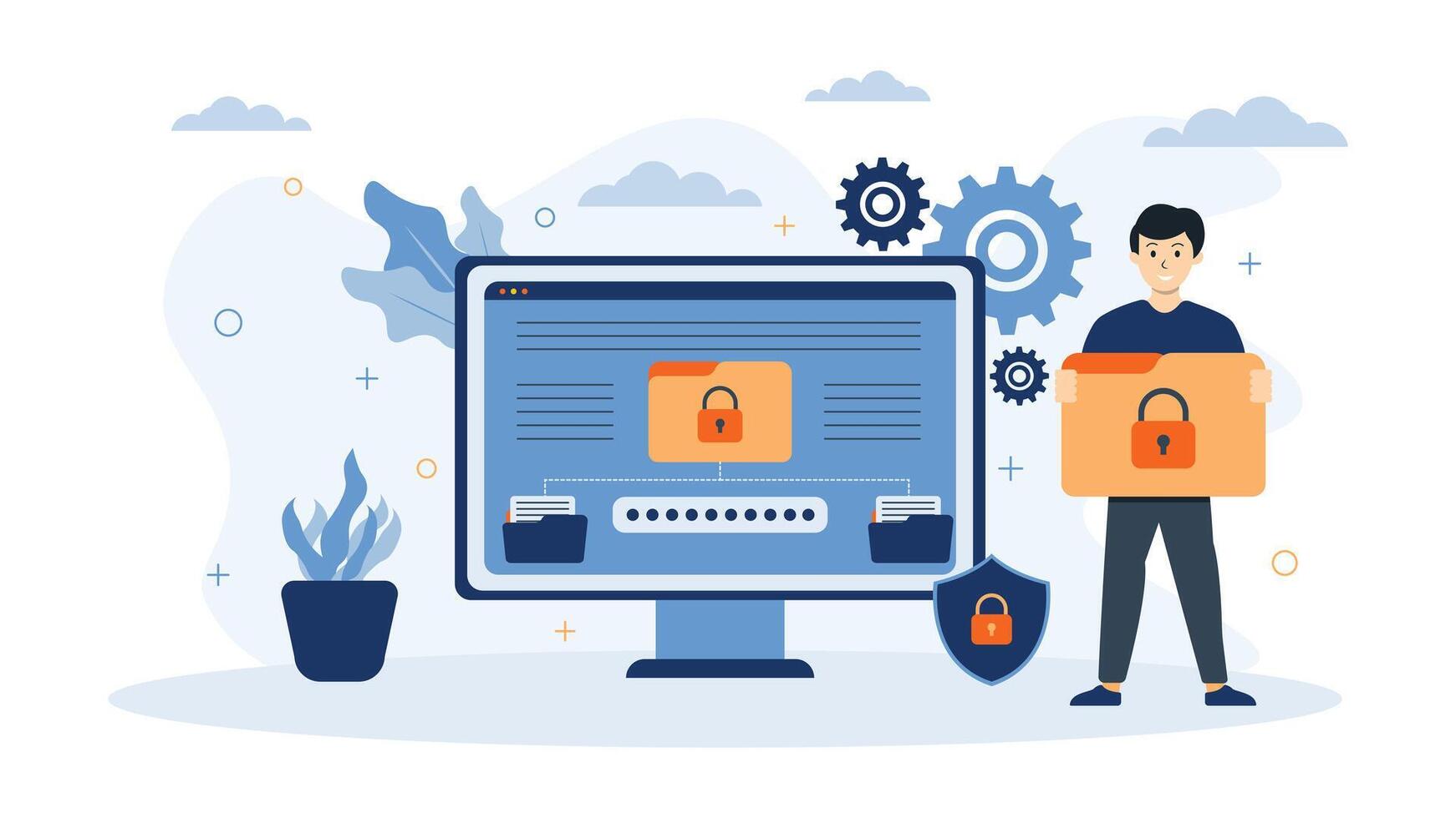 Modern cyber security data protection illustration showing locked files password access privacy settings and secure computer system ideal for technology security and digital safety themes vector