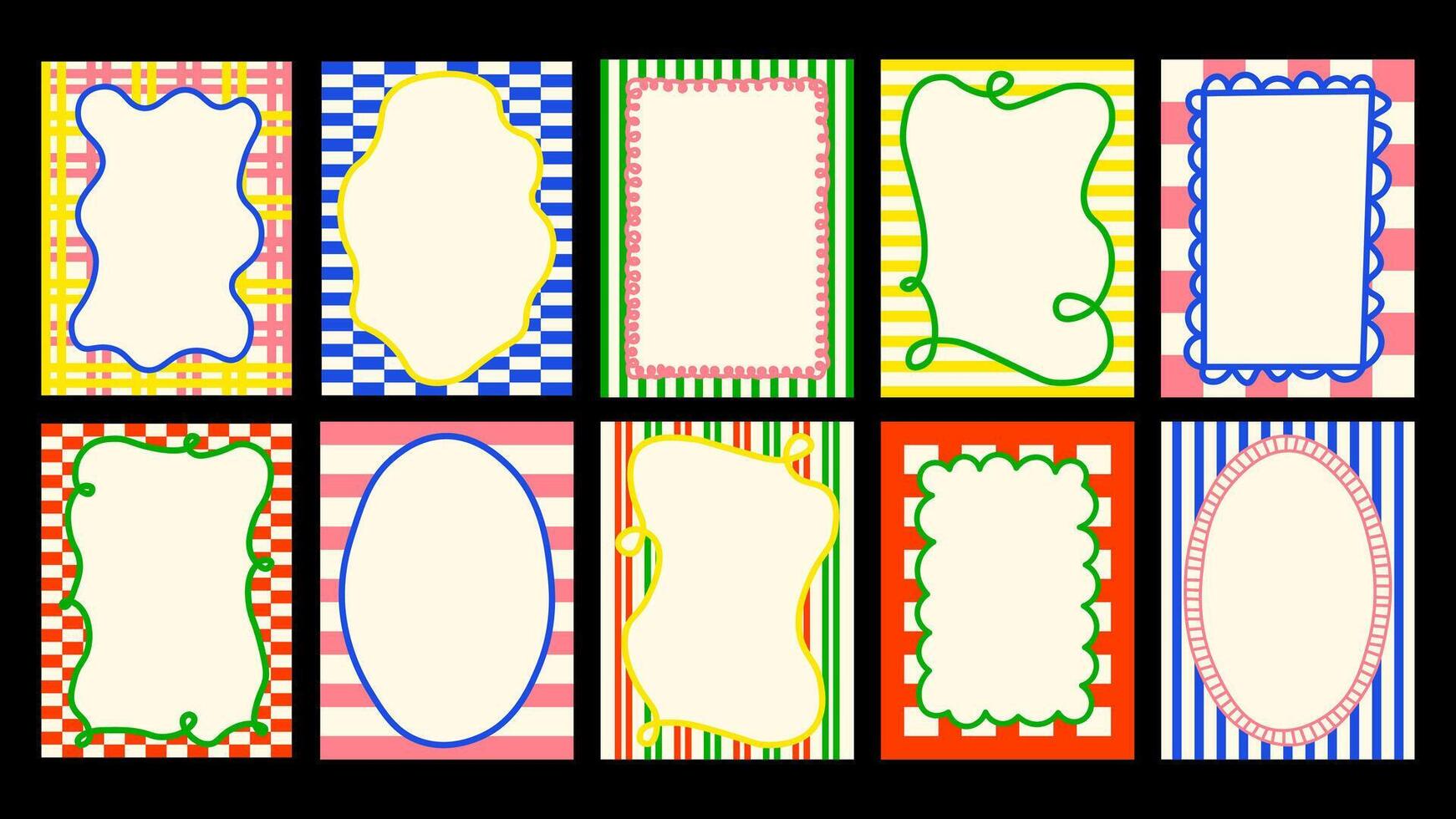 Retro-inspired frame pack with wavy contours, subtle stripes and flowing curved elements. Great for posters, journaling and print projects. vector