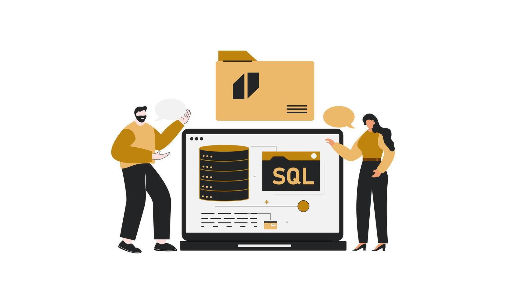 Men and Women are showing SQL database developer programmer on laptop. vector