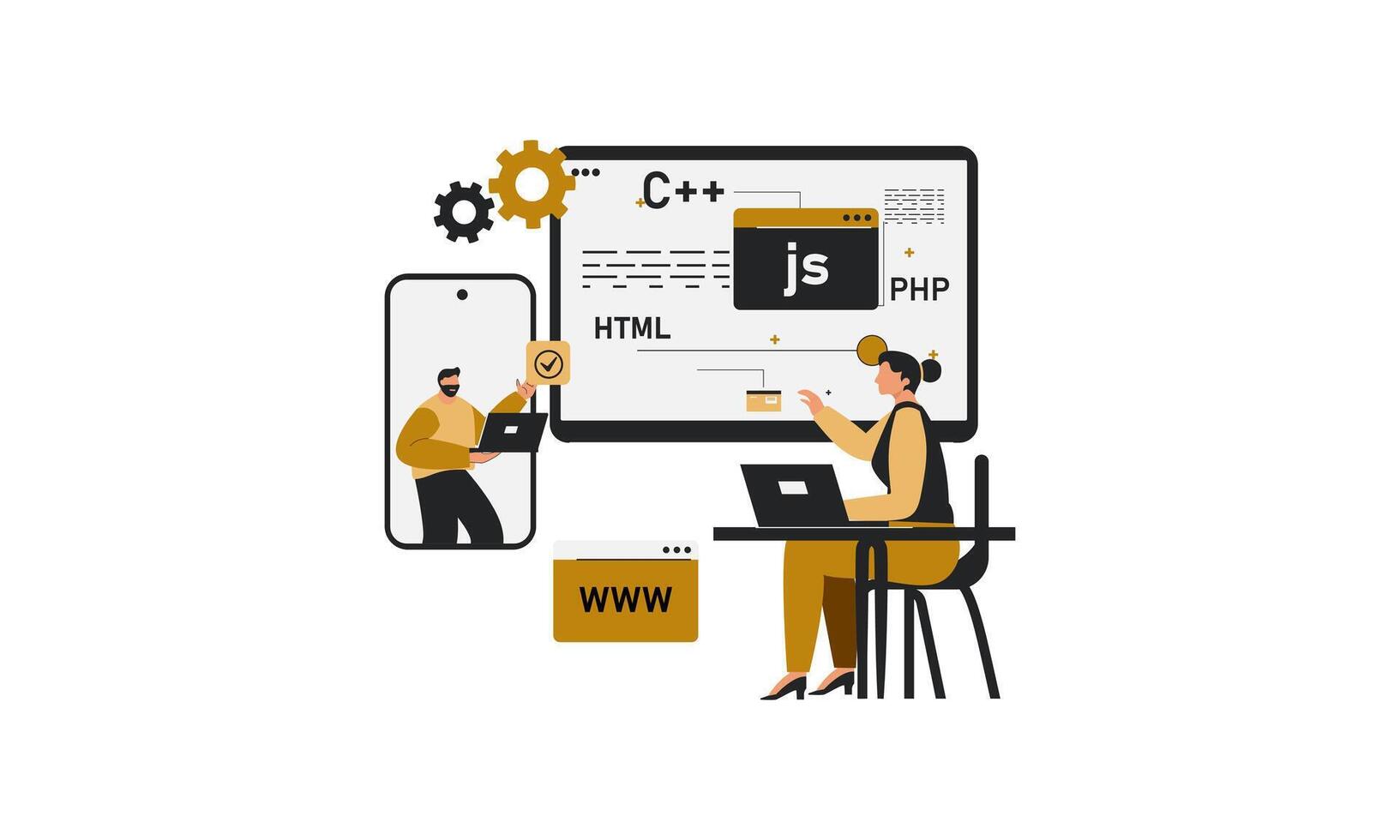 dos desarrollador discutir en línea reunión acerca de web codificación vector
