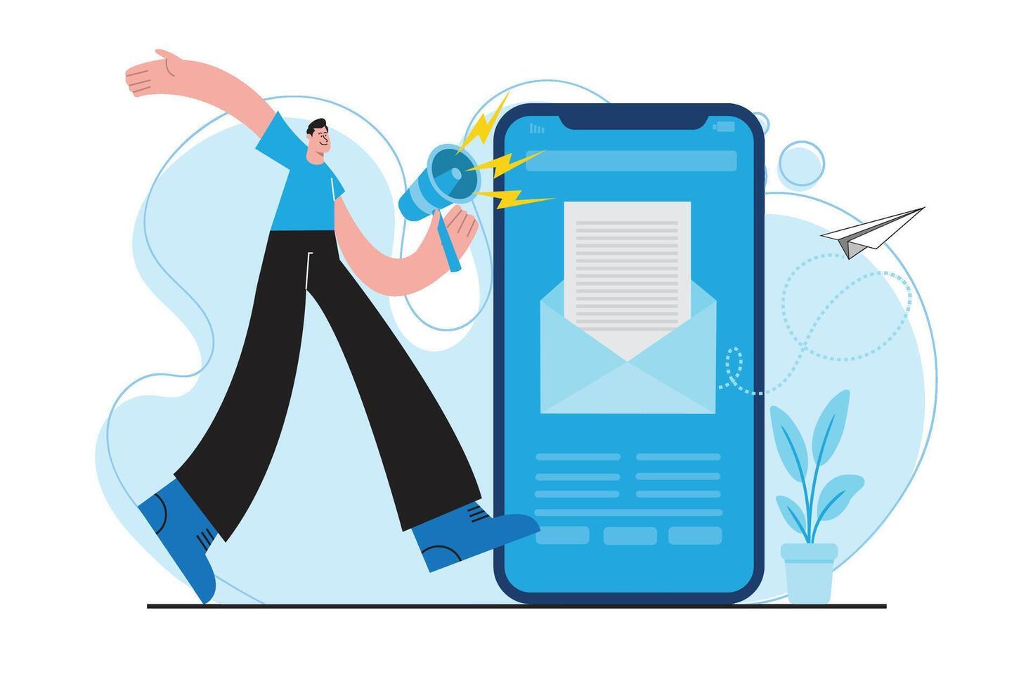 Flat illustration of a man making an announcement through a mobile application with envelope graphics, symbolizing email marketing and digital notifications. vector