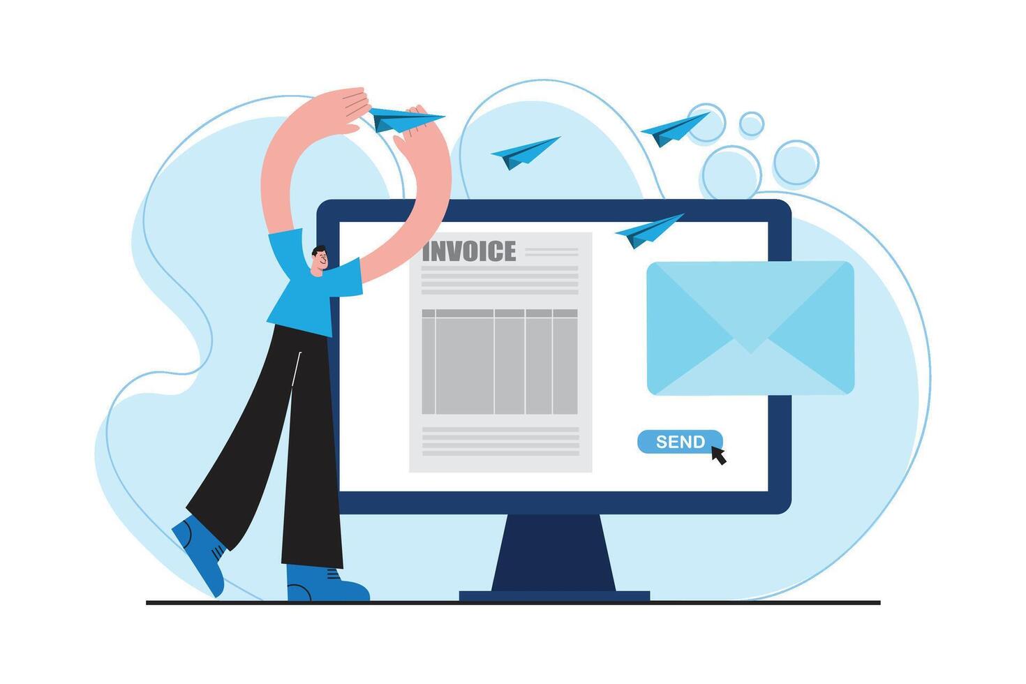 Illustration of digital invoice sending process with email, paper plane, online billing system, financial documentation, and automated invoicing tools for business finance and accounting workflow. vector