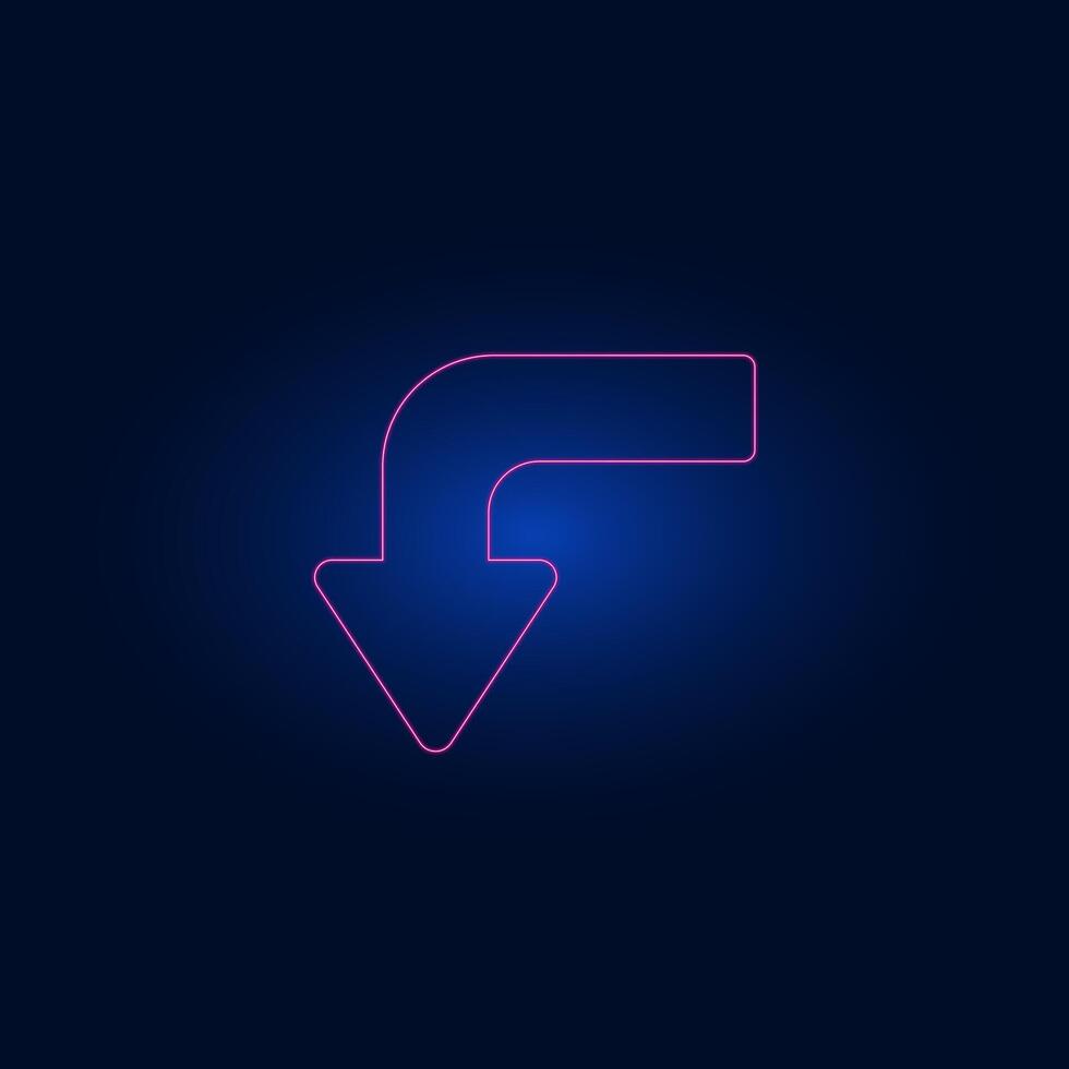 Neon pink curved arrow icon on dark blue background, glowing modern direction symbol, minimal futuristic user interface design element vector