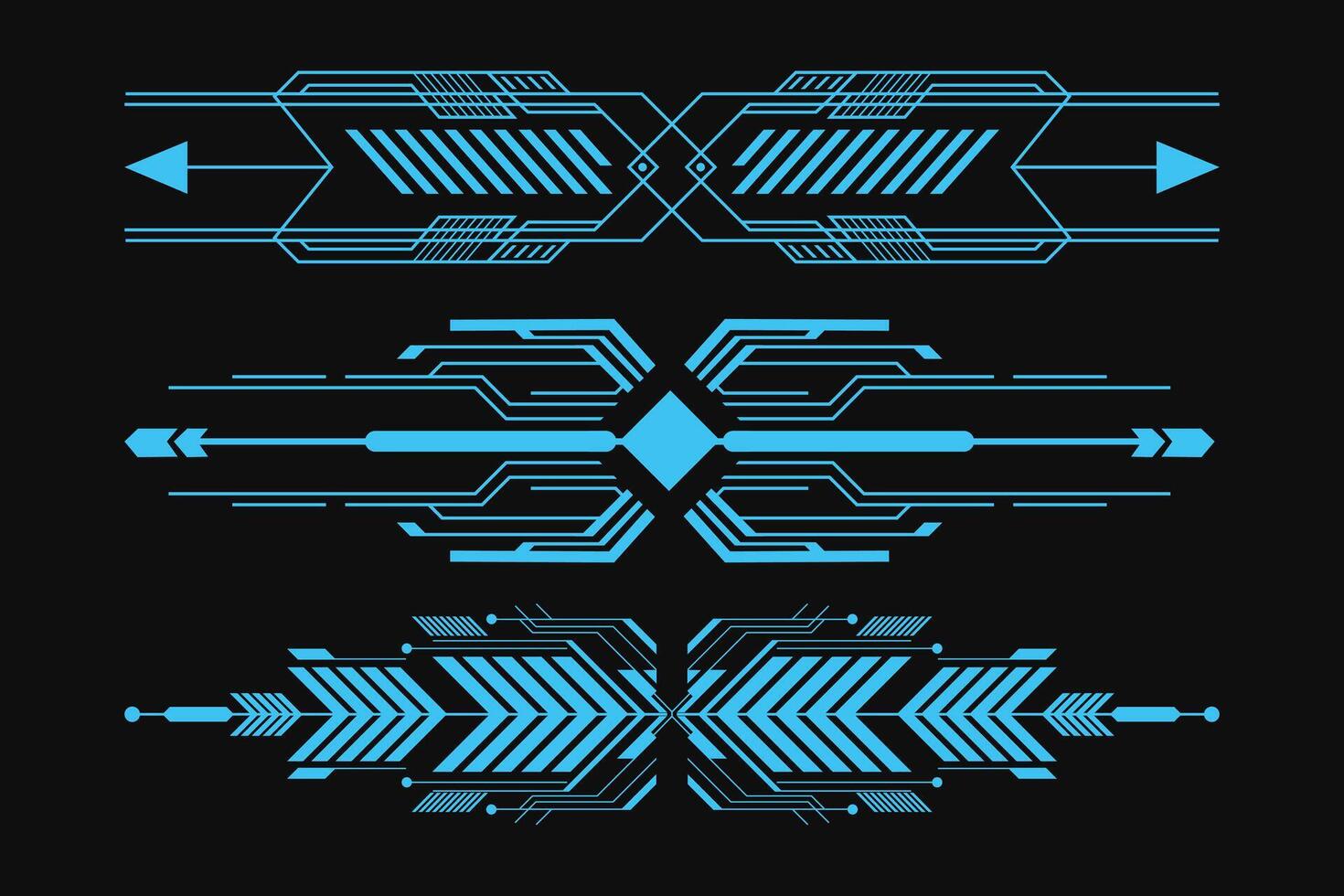 Futuristic Tech Arrows and Cyber Line Elements, Neon Blue Sci-Fi Directional Graphics, Digital Circuit Arrows, and High Tech Interface Accents on Dark Background vector