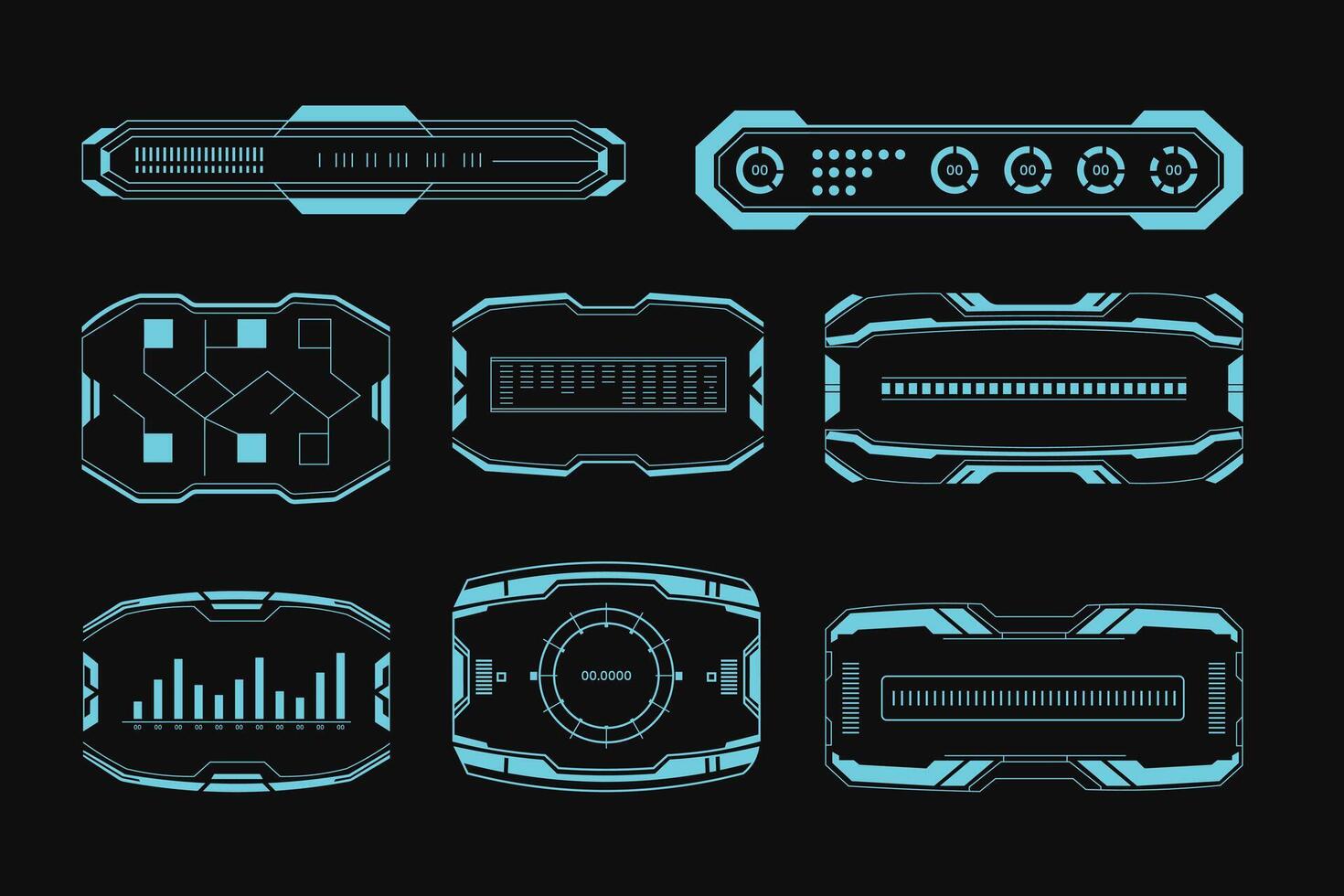 Futuristic HUD Interface Elements Neon Blue Sci-Fi Control Panels, Tech Bars, Digital UI Frames, Data Displays, and Cyber Dashboard Graphics on Dark Background vector