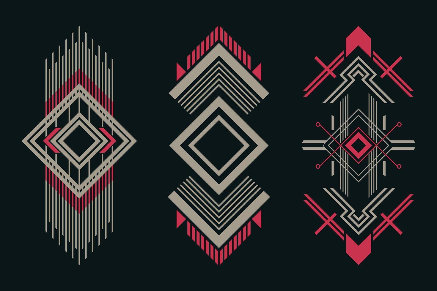 Geometric tribal decorative motifs in red and beige, modern abstract symmetrical line art elements with diamond shapes and linear patterns on dark background for ethnic design vector