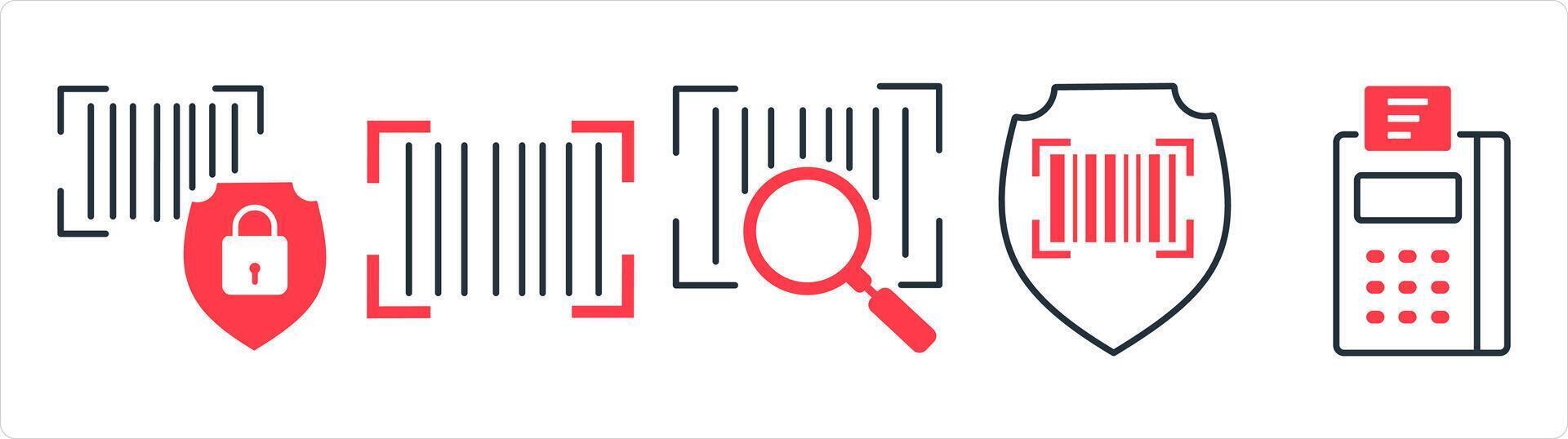 un conjunto de 5 5 negocio icono como bar seguridad seguridad, bar código, buscar bar código en rojo línea color vector