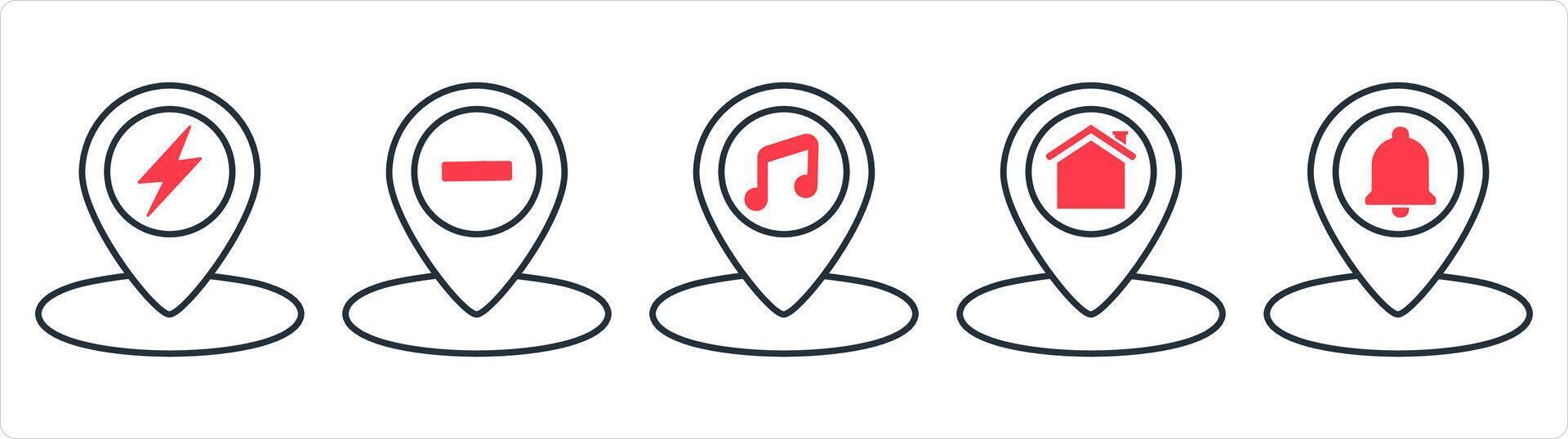 A set of 5 business icons as location, remove location, music location in red line color vector