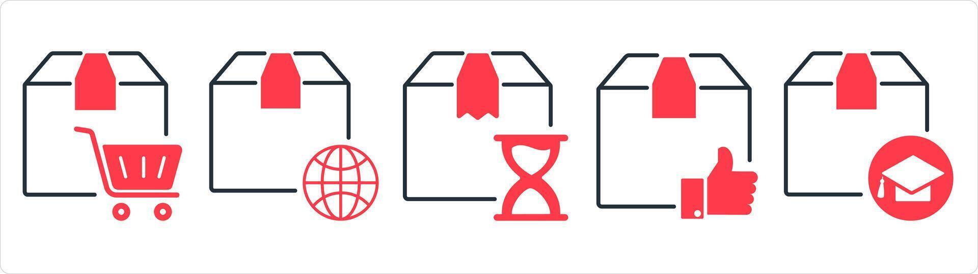 A set of 5 business icons as cart order, international order, delivery process time in red line color vector