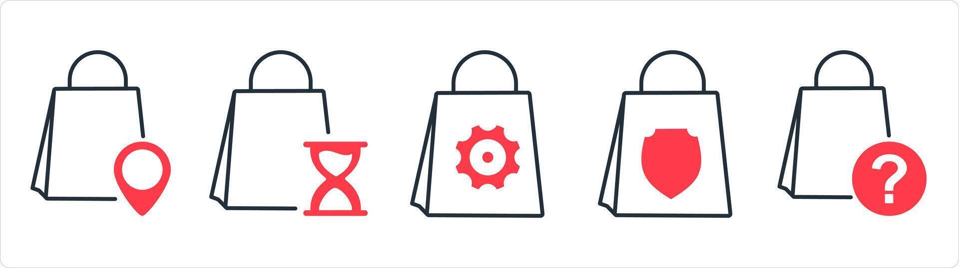 A set of 5 business icons as store location, shopping on time, bag setting in red line color vector