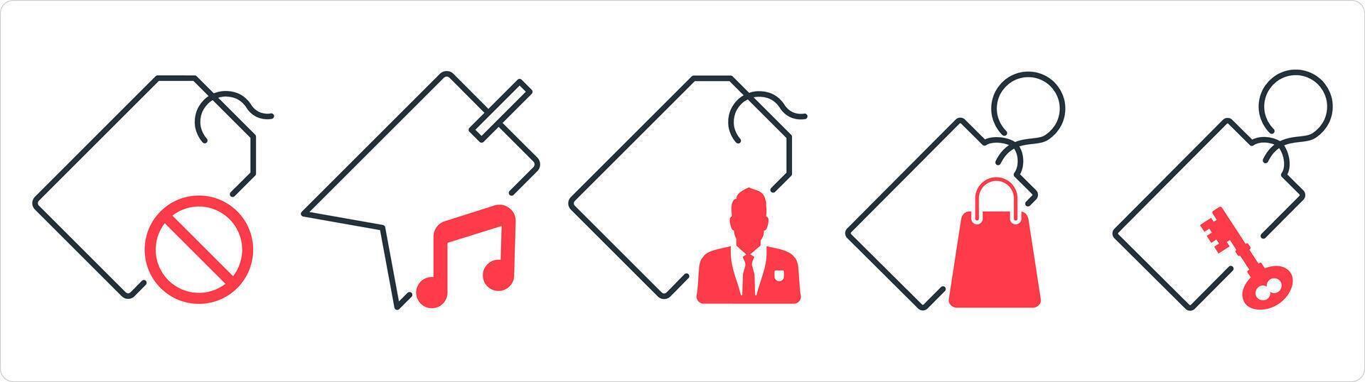 A set of 5 business icons as tag prohibited, music tag, user tag in red line color vector