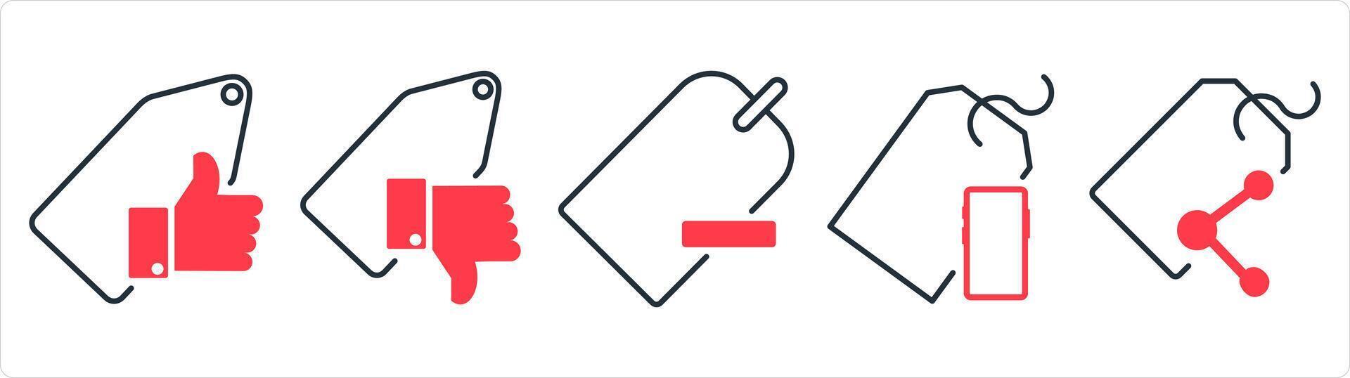 A set of 5 business icons as approved tag, remove tag, mobile tag in red line color vector