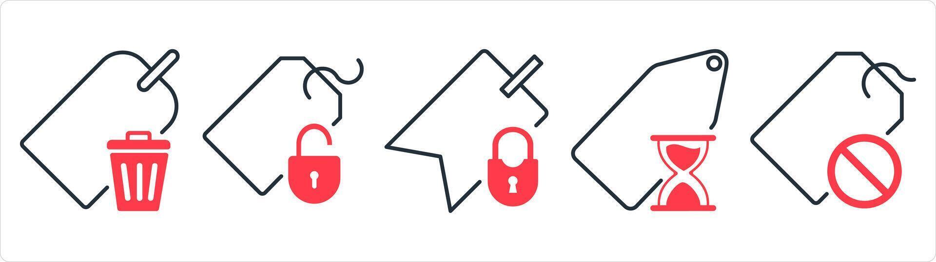 A set of 5 business icons as remove tag, tag protection, tag security in red line color vector