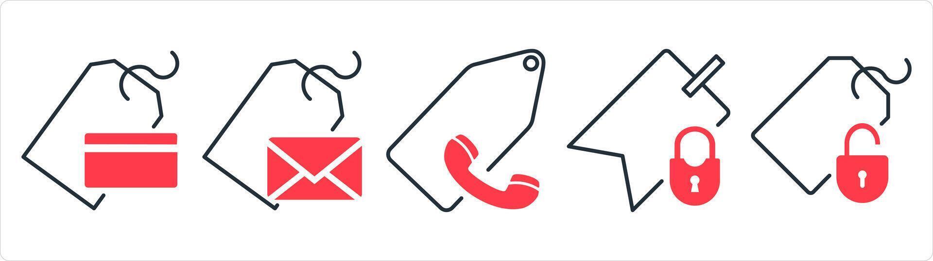 A set of 5 business icons as card tag, message tag, call tag in red line color vector