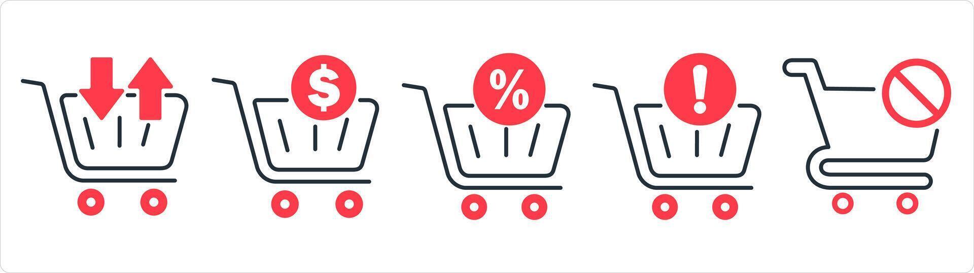 A set of 5 business icons as synchronize cart, finance cart, shopping discount in red line color vector