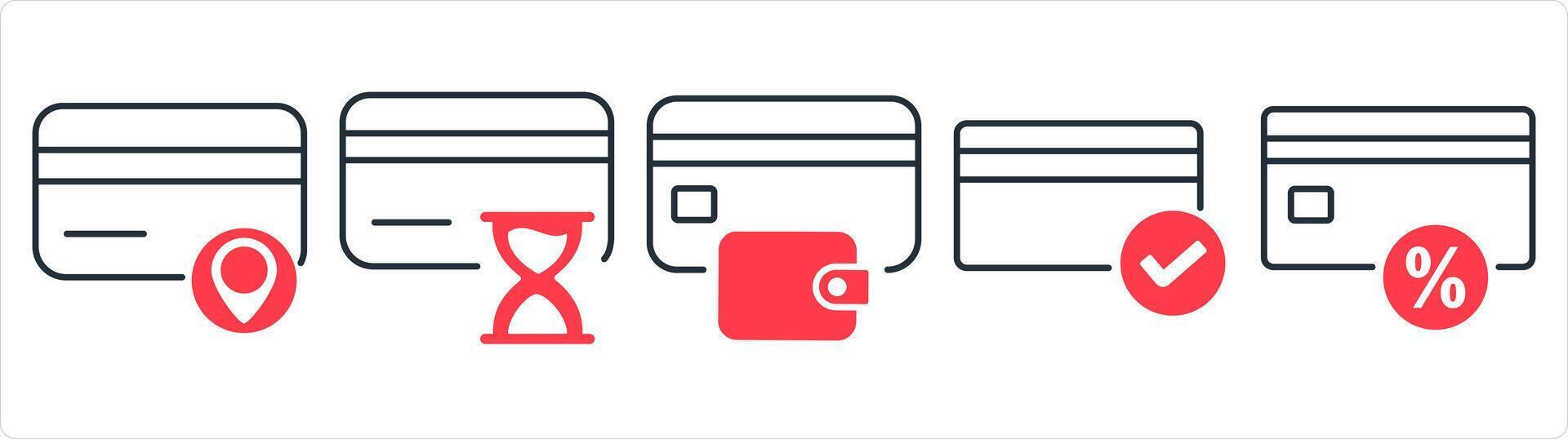 A set of 5 business icons as card security, card message, download card in red line color vector