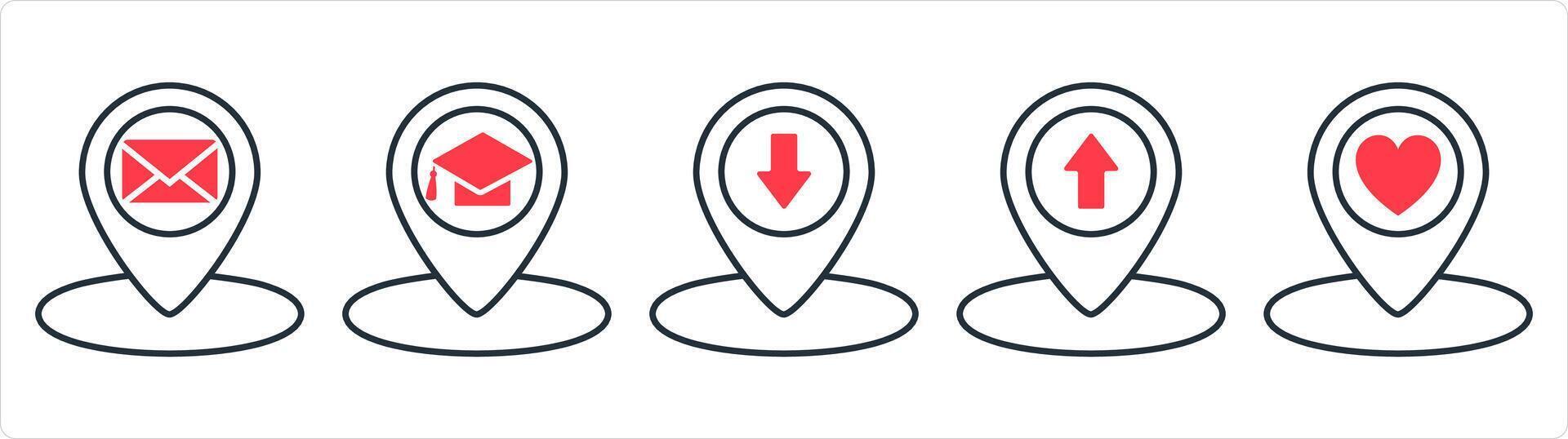 A set of 5 business icons as message location, university location, pin in red line color vector