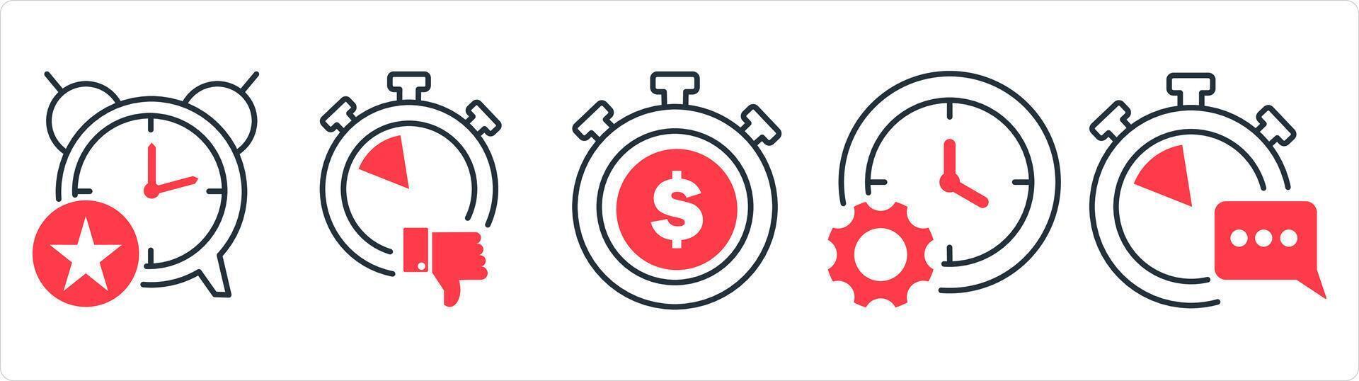 A set of 5 business icons as favorite time, like time, time is money in red line color vector