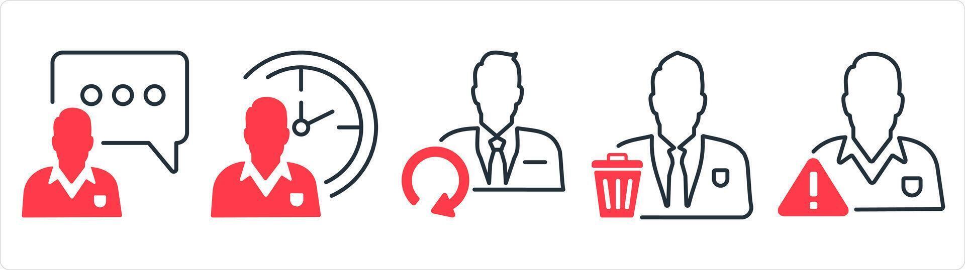 A set of 5 business icons as business conversation, time management, update user in red line color vector
