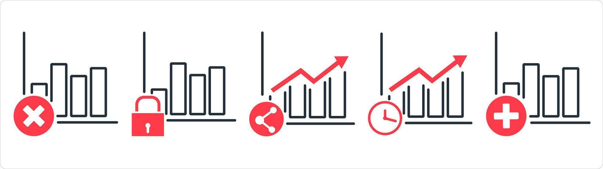 A set of 5 business icons as wrong growth, growth security, share growth in red line color vector