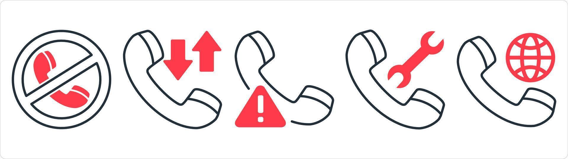 A set of 5 contact icons as call prohibited, synchronize call, call maintenance in red line color vector