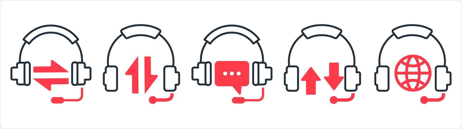A set of 5 contact icons as sync headphone, headphone message, synchronize headphone in red line color vector