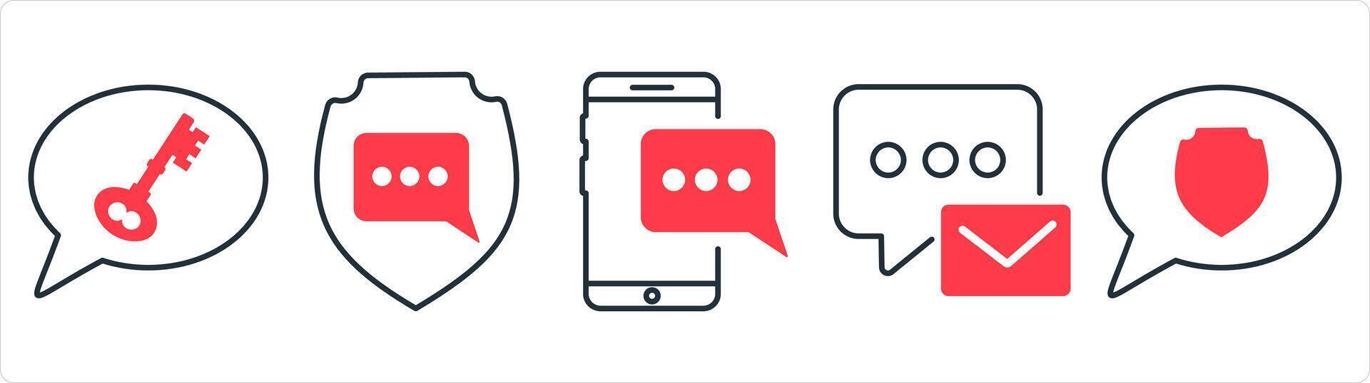 A set of 5 contact icons as message security, mobile message, message in red line color vector
